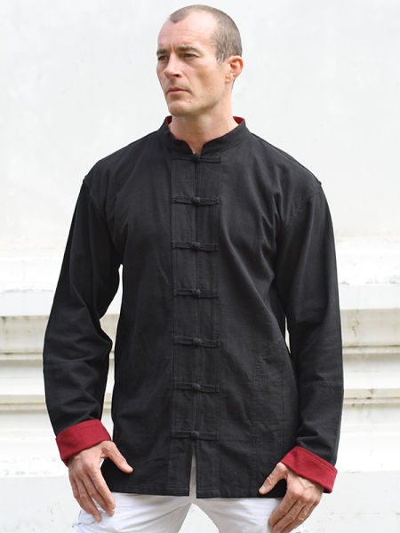 OUDIYA Mens Long Sleeve Tunic-Style Stand Collar Shirt with Pockets Casual Button-Down Shirts 